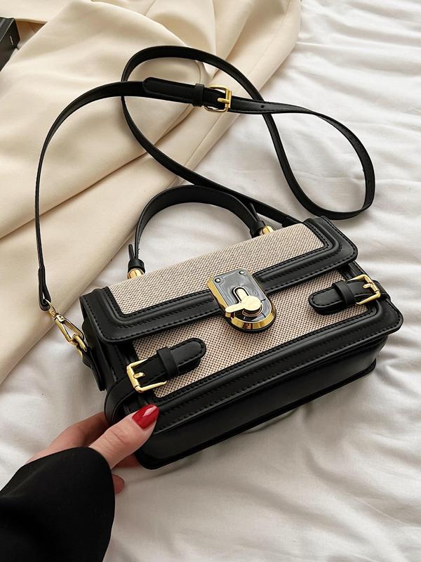 Women's Elegant Color-block Handbag, PU Spliced Shoulder Bag, Classic Work Commuter Lock Crossbody Bag, Fashionable Handbag, Suitable for Dating, Shopping, Shopping, Going Out