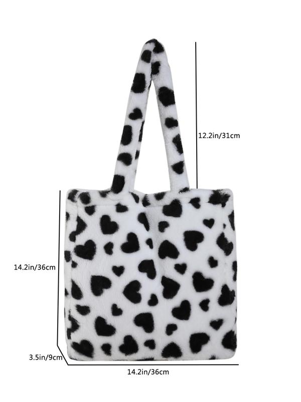 Women's Fashion Two Tone Cow & Heart Print Fluffy Tote Bag, Fashionable Large Capacity Shoulder Bag for Daily Use, Warm Plush Winter Bag As Gift for Women