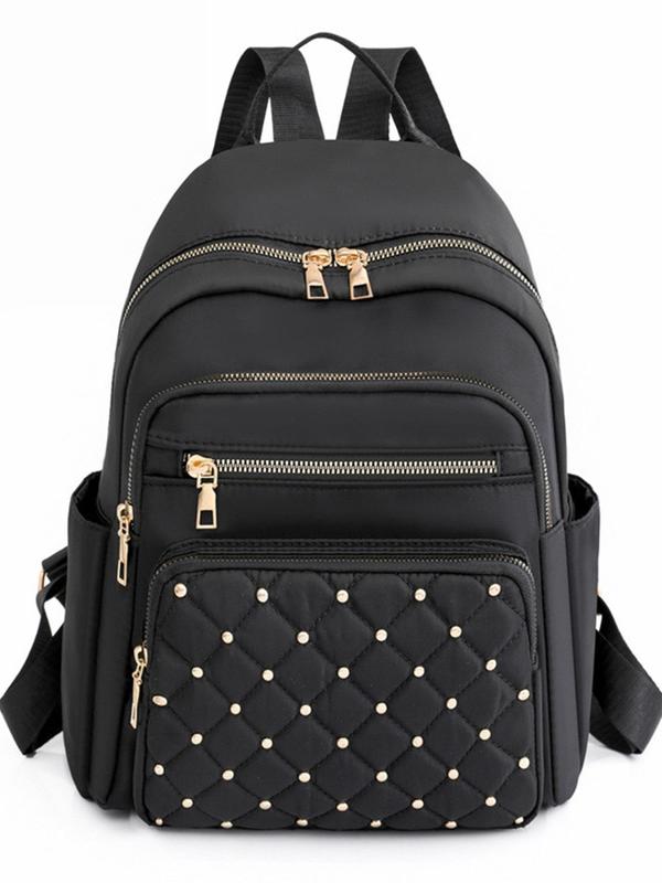 Women's Summer Minimalist Casual Plain Nylon Backpack, 2024 Trendy Quilted Studded Design Large Volume Backpack with Adjustable Strap for Work & Daily Used