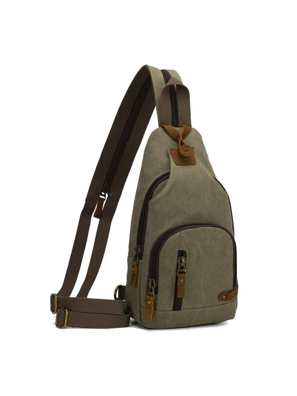 Men's Casual Solid Color Canvas Sling Bag, Fashionable Vintage Zipper Chest Bag for Daily Used, Casual Trendy Versatile High-quality Daily Commuting Bag