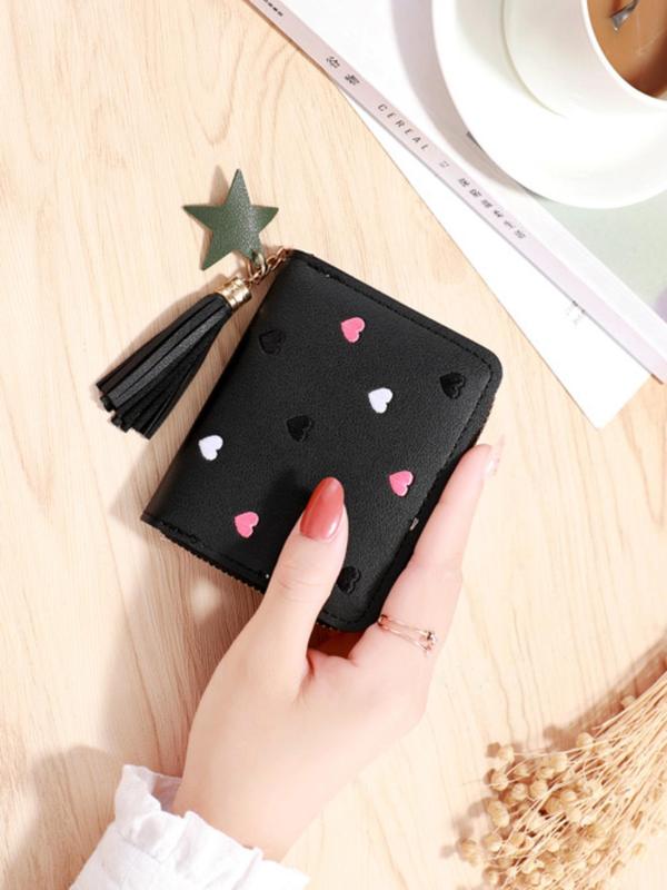 Women's Cute Heart Embroidering Short Wallet with Tassel Star Charm, 2024 New Style Casual Pu Leather Zipper Card Holder, Fashionable Wallet for Daily Use