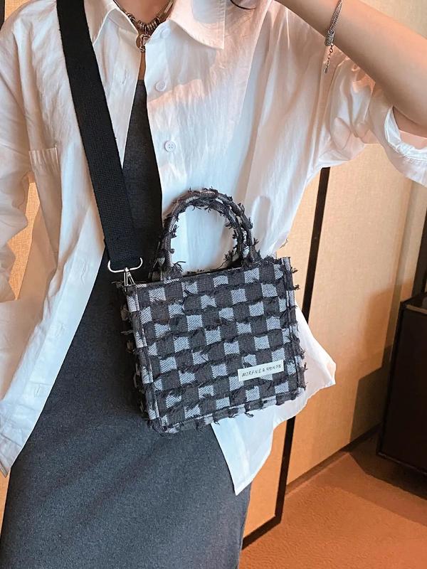 Fashionable Checkerboard Pattern Denim Handbag, Women's Square Shoulder Bag, with Stripes Pattern, Casual Trendy Versatile High-quality Daily Commuting Bag, Girl Fashionable Shopping Bag