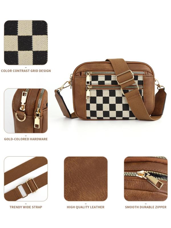 Checkerboard Pattern Crossbody Bag, Fashionable PU Leather Zipper Shoulder Bag for Women, Casual Trendy Versatile High-quality Daily Commuting Bag