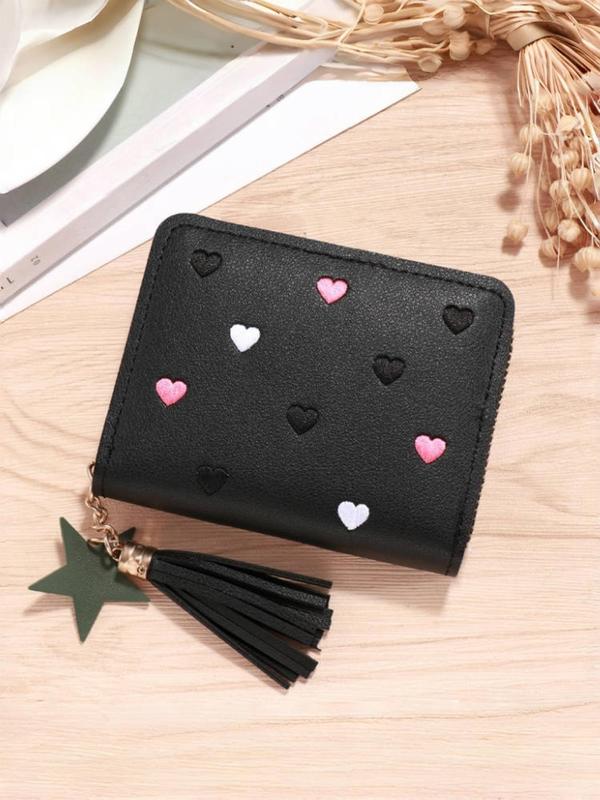 Women's Cute Heart Embroidering Short Wallet with Tassel Star Charm, 2024 New Style Casual Pu Leather Zipper Card Holder, Fashionable Wallet for Daily Use