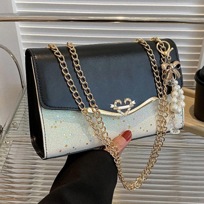 Chic Chain Shoudler Bag for Women Trendy Sequin Flap Crossbody Bag Aesthetic Pattern Satchel Bag Convenient Purse for Daily Use