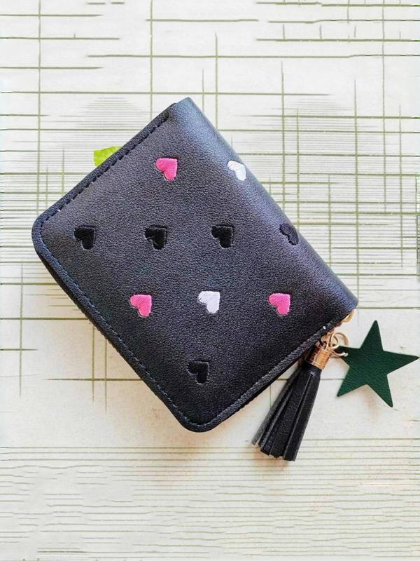 Women's Cute Heart Embroidering Short Wallet with Tassel Star Charm, 2024 New Style Casual Pu Leather Zipper Card Holder, Fashionable Wallet for Daily Use