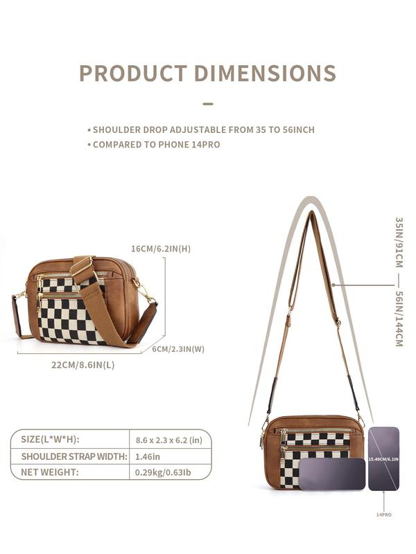 Checkerboard Pattern Crossbody Bag, Fashionable PU Leather Zipper Shoulder Bag for Women, Casual Trendy Versatile High-quality Daily Commuting Bag