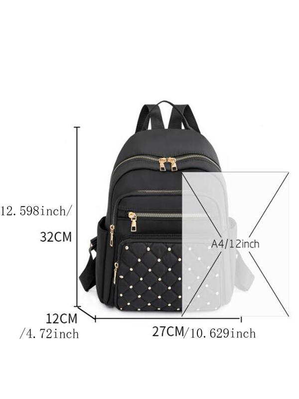 Women's Summer Minimalist Casual Plain Nylon Backpack, 2024 Trendy Quilted Studded Design Large Volume Backpack with Adjustable Strap for Work & Daily Used