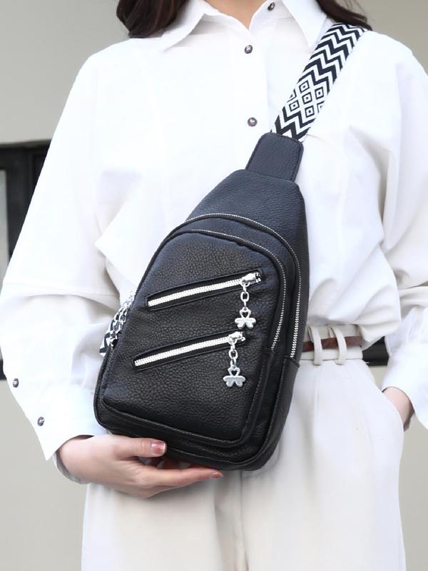 Women's Fashionable Plain Color Fanny Pack with Geometrical Strap, Casual PU Leather Zipper Chest Bag for Daily Used, Summer Trendy Versatile High-quality Daily Commuting Bag