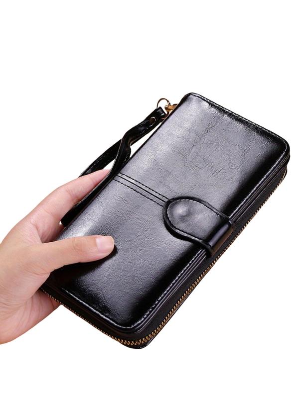 Women's Solid Color Zipper Long Wallet, Fashionable PU Leather Card Holder, Casual Versatile Wallet for Daily Use