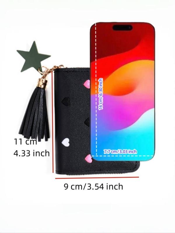 Women's Cute Heart Embroidering Short Wallet with Tassel Star Charm, 2024 New Style Casual Pu Leather Zipper Card Holder, Fashionable Wallet for Daily Use