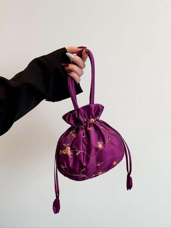 Retro Embroidery Silk Drawstring Handbag,  Floral Pattern Storage Bag for Women & Girls, Casual Trendy Versatile High-quality Daily Bag