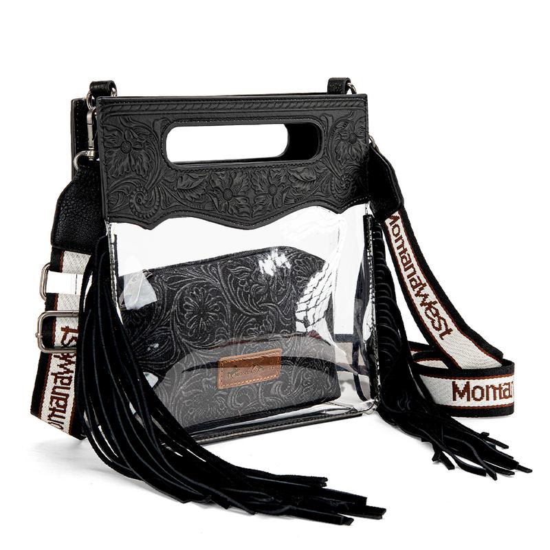 Montana West [MegaGift] 2 PCS SET Western Fringe Stadium Clear Crossbody Bag with Detachable Cosmetic Pouch