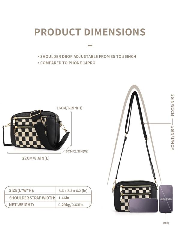 Checkerboard Pattern Crossbody Bag, Fashionable PU Leather Zipper Shoulder Bag for Women, Casual Trendy Versatile High-quality Daily Commuting Bag