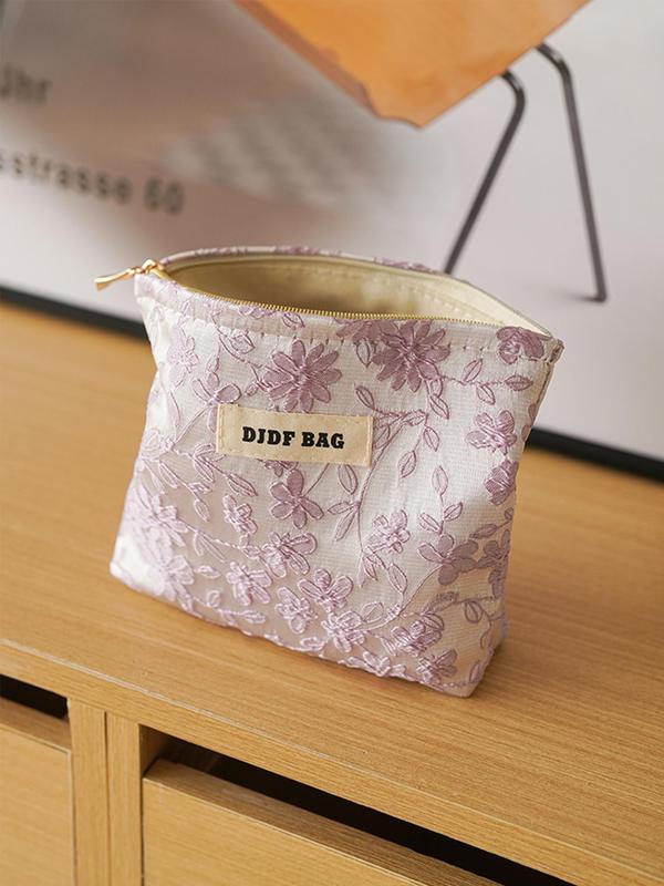 Floral Embroidery Makeup Bag, Fall Outfits, Fall Freshness, Letter Label Decor Zipper Makeup Bag, Portable Cosmetic Storage Bag, Travel Makeup Bag, Zipper Makeup Organizer Pouch