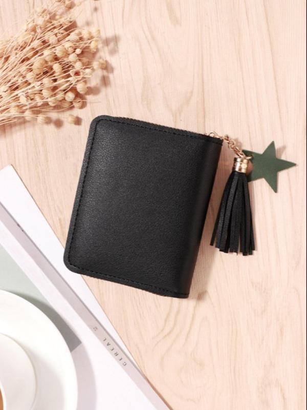 Women's Cute Heart Embroidering Short Wallet with Tassel Star Charm, 2024 New Style Casual Pu Leather Zipper Card Holder, Fashionable Wallet for Daily Use