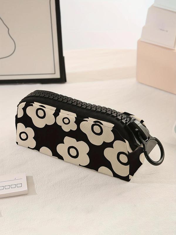 Floral Pattern Makeup Bag, Large Zipper Pencil Case, Durable Polyester Storage Bag, Spacious Zipper Makeup Pouch for School Supplies and Stationery