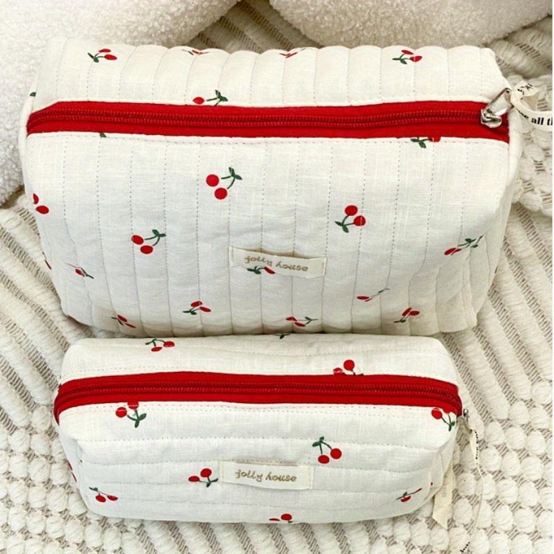 Cherry Pattern Quilted Cosmetic Storage Bag, 2 Counts set Cute Design Makeup Bag, Zipper Makeup Organizer Pouch, Travel Storage Bag Great for Skincare, Lotion, Cream, Lip Balm, Eyeliners, Mirror, Stationery