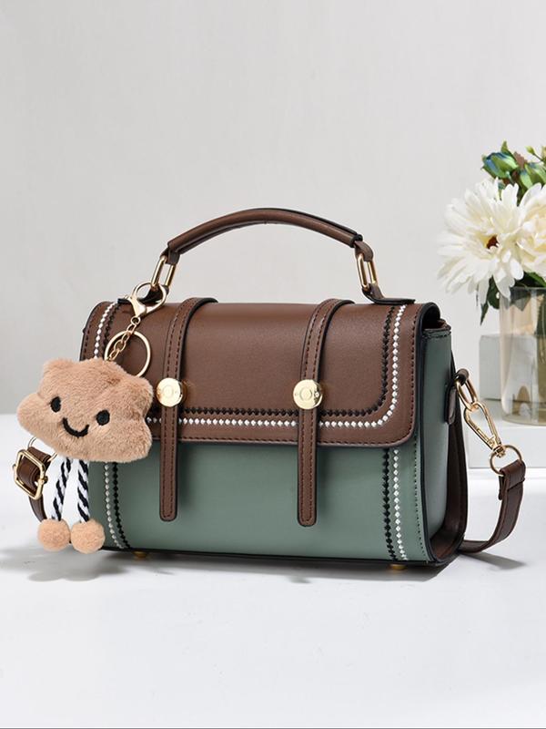 Fashionable Colorblock Handbag with Cute Bear Charm Decor, Luxury Handbags for Women, Trendy Versatile Pu Leather Zipper Crossbody Bag, Casual Matching Bag for Women