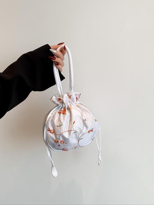 Retro Embroidery Silk Drawstring Handbag,  Floral Pattern Storage Bag for Women & Girls, Casual Trendy Versatile High-quality Daily Bag