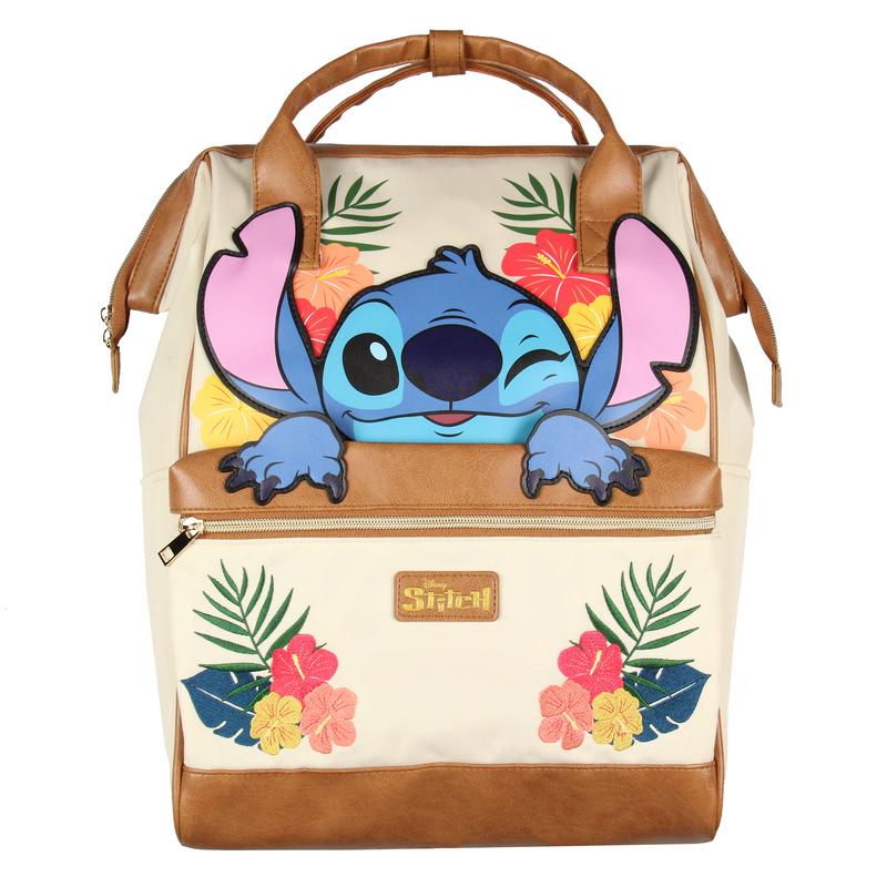 Disney Lilo And Stitch Backpack 3D Character Embroidered Floral Design Faux Leather Travel Tote Bag