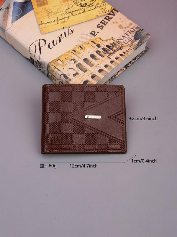 Men's Trendy Checkerboard Design Pu Short Wallet As Gift Sets for Boyfriend, Summer Letter Label Decorated Business Wallet, Light Luxury Multi-card Texture Wallet, Lychee Texture Bifold Wallet As Gift