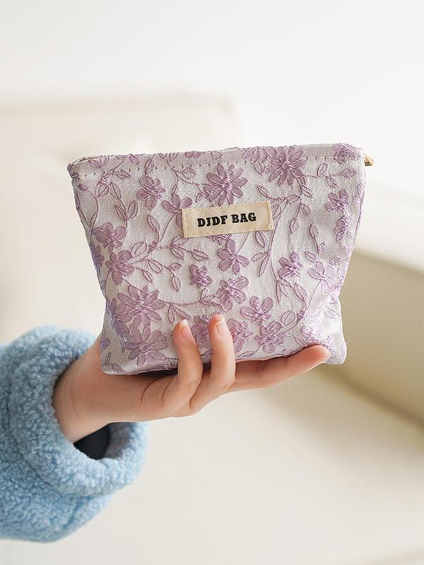 Floral Embroidery Makeup Bag, Fall Outfits, Fall Freshness, Letter Label Decor Zipper Makeup Bag, Portable Cosmetic Storage Bag, Travel Makeup Bag, Zipper Makeup Organizer Pouch