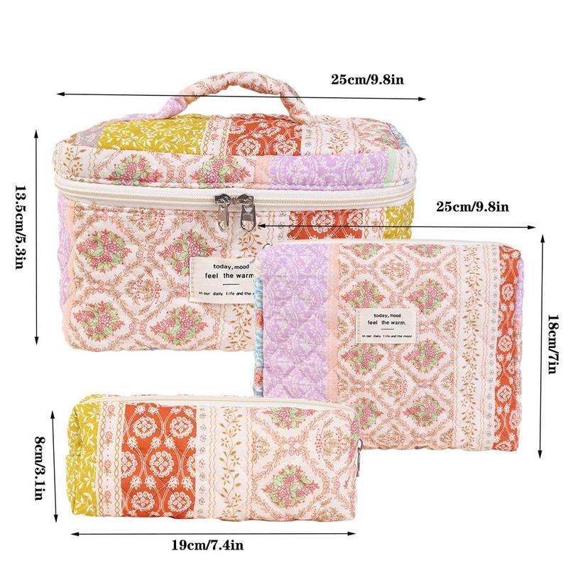 Quilted Makeup Storage Bag Set, 3 Counts set Large Capacity Cosmetic Bag with Handle, Zipper Makeup Organizer Pouch, Portable Makeup Tool for Home & Travel