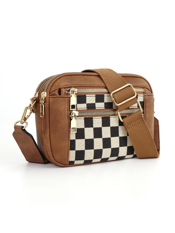 Checkerboard Pattern Crossbody Bag, Fashionable PU Leather Zipper Shoulder Bag for Women, Casual Trendy Versatile High-quality Daily Commuting Bag