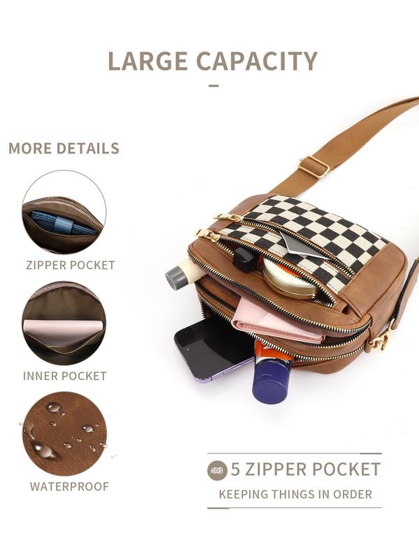 Checkerboard Pattern Crossbody Bag, Fashionable PU Leather Zipper Shoulder Bag for Women, Casual Trendy Versatile High-quality Daily Commuting Bag