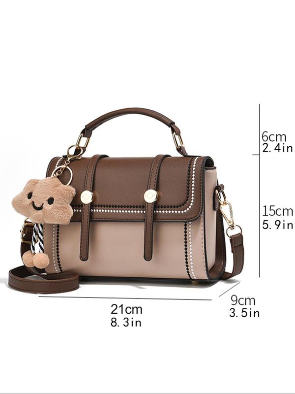 Fashionable Colorblock Handbag with Cute Bear Charm Decor, Luxury Handbags for Women, Trendy Versatile Pu Leather Zipper Crossbody Bag, Casual Matching Bag for Women