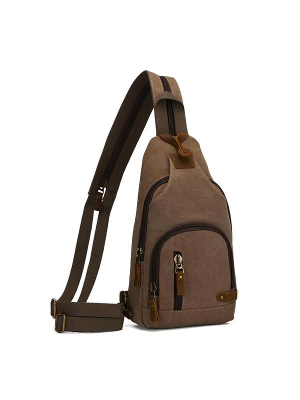 Men's Casual Solid Color Canvas Sling Bag, Fashionable Vintage Zipper Chest Bag for Daily Used, Casual Trendy Versatile High-quality Daily Commuting Bag