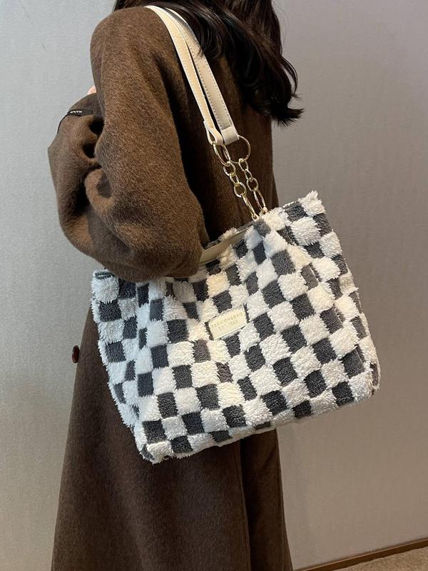 Women's Plaid Pattern Tote Bag, Casual Large Capacity Shoulder Bag for Daily Used, Trendy All-match Bag for Commuters and Students