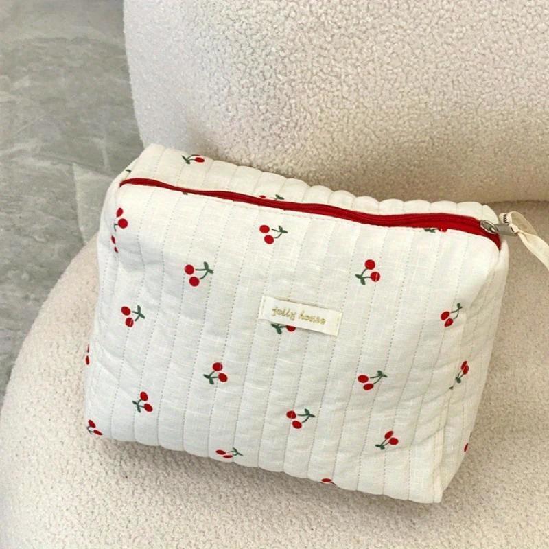 Cherry Pattern Quilted Cosmetic Storage Bag, 2 Counts set Cute Design Makeup Bag, Zipper Makeup Organizer Pouch, Travel Storage Bag Great for Skincare, Lotion, Cream, Lip Balm, Eyeliners, Mirror, Stationery