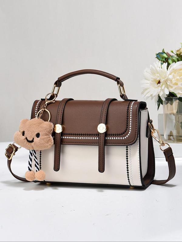 Fashionable Colorblock Handbag with Cute Bear Charm Decor, Luxury Handbags for Women, Trendy Versatile Pu Leather Zipper Crossbody Bag, Casual Matching Bag for Women