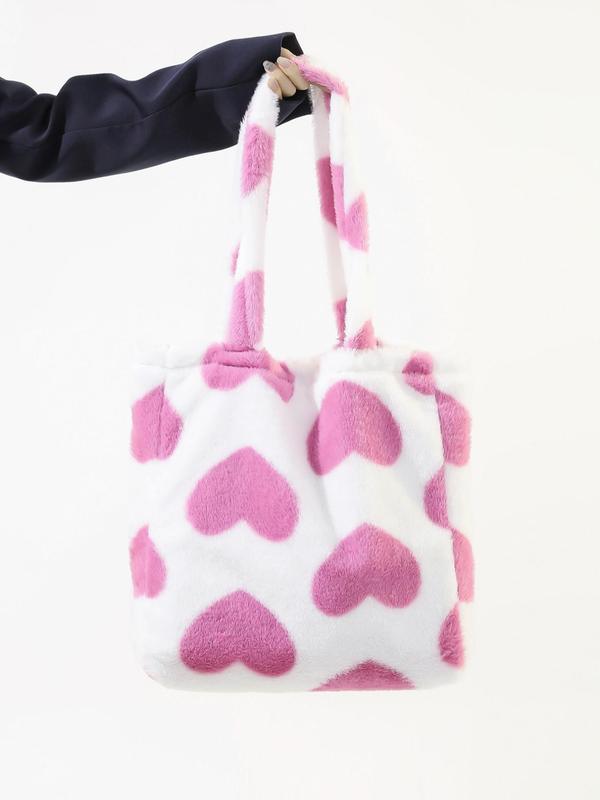 Women's Fashion Two Tone Cow & Heart Print Fluffy Tote Bag, Fashionable Large Capacity Shoulder Bag for Daily Use, Warm Plush Winter Bag As Gift for Women