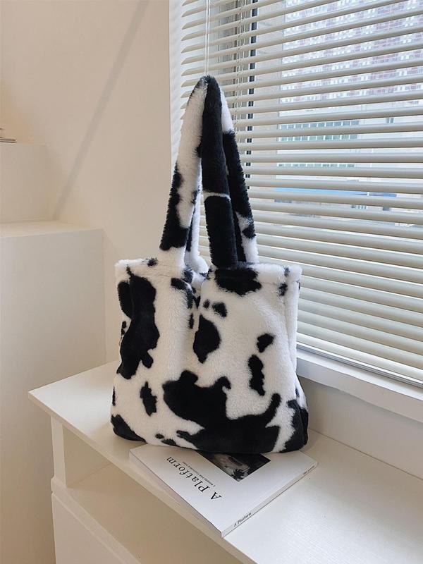 Women's Fashion Two Tone Cow & Heart Print Fluffy Tote Bag, Fashionable Large Capacity Shoulder Bag for Daily Use, Warm Plush Winter Bag As Gift for Women