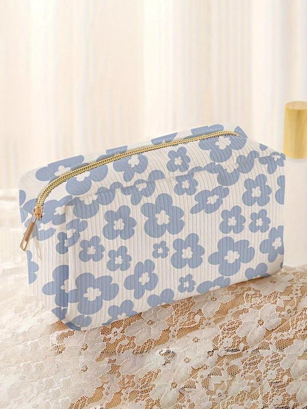 Floral Pattern Corduroy Makeup Bag, Lightweight Multi-functional Fashion Makeup Bag, Travel Makeup Bag, Suitable for Leisure Travel and Various Occasions