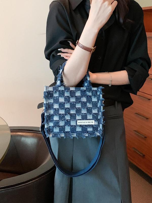 Fashionable Checkerboard Pattern Denim Handbag, Women's Square Shoulder Bag, with Stripes Pattern, Casual Trendy Versatile High-quality Daily Commuting Bag, Girl Fashionable Shopping Bag