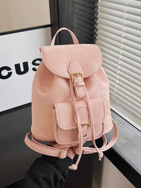 Women's Solid Color Pu Drawstring Flap Backpack, Fashionable Large Capacity Backpack, Casual Versatile Backpack for Daily Used