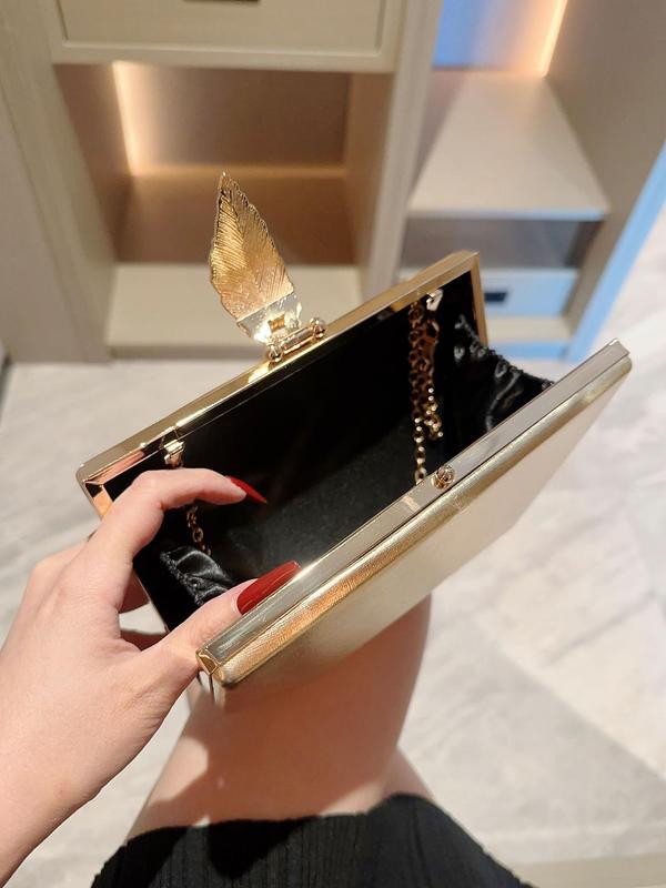 Women's Elegant Glitter Evening Bag, Trendy Exquisite Leaf Buckle Clutch Bag, Fashionable Chain Strip Bag for Party Decoration