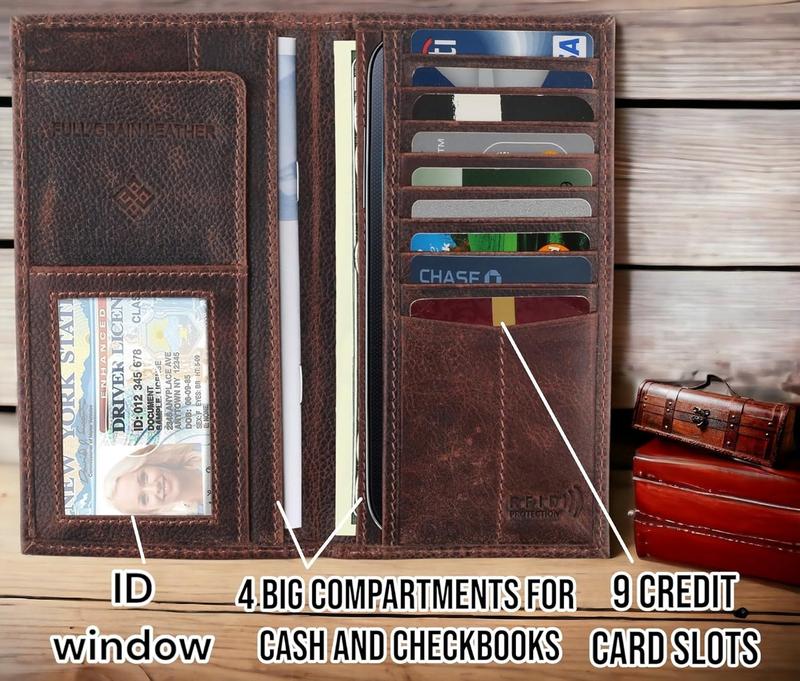 Men's RFID Vintage Look Genuine Leather Long Bifold Wallet Checkbook Wallets,hard wax crunch,240-52