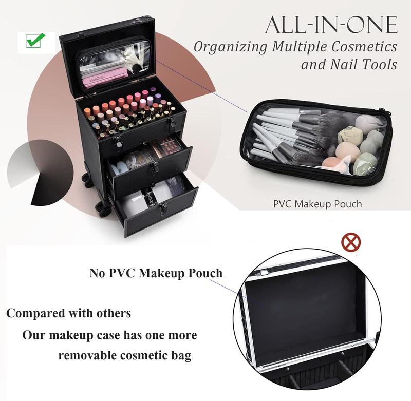 Joligrace Rolling Makeup Train Case Professional Cosmetic Trolley Nail Polish Organizer with 2 Large Drawers, Makeup Pouch for Artists Nail Technician Salon Cart Trunk Black