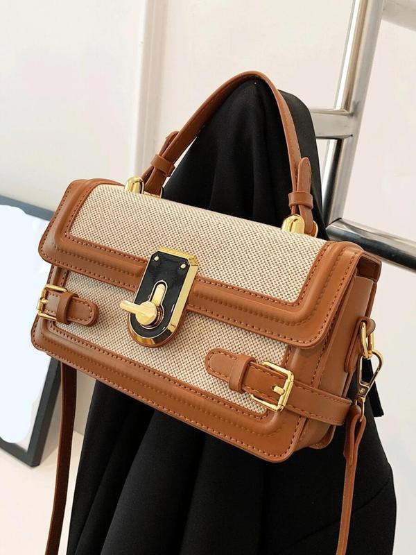 Women's Elegant Color-block Handbag, PU Spliced Shoulder Bag, Classic Work Commuter Lock Crossbody Bag, Fashionable Handbag, Suitable for Dating, Shopping, Shopping, Going Out