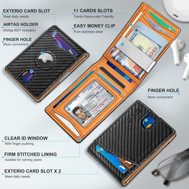 Airtag Wallet for Men,with Money Clip 11 Cards Slim Front Pocket Leather RFID Blocking Wallet with Gift Box