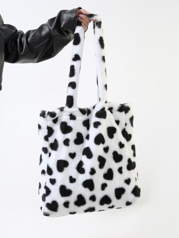 Women's Fashion Two Tone Cow & Heart Print Fluffy Tote Bag, Fashionable Large Capacity Shoulder Bag for Daily Use, Warm Plush Winter Bag As Gift for Women