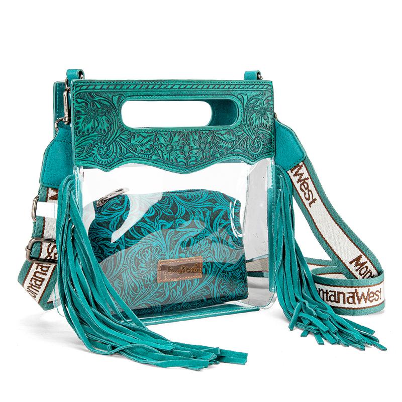 Montana West [MegaGift] 2 PCS SET Western Fringe Stadium Clear Crossbody Bag with Detachable Cosmetic Pouch