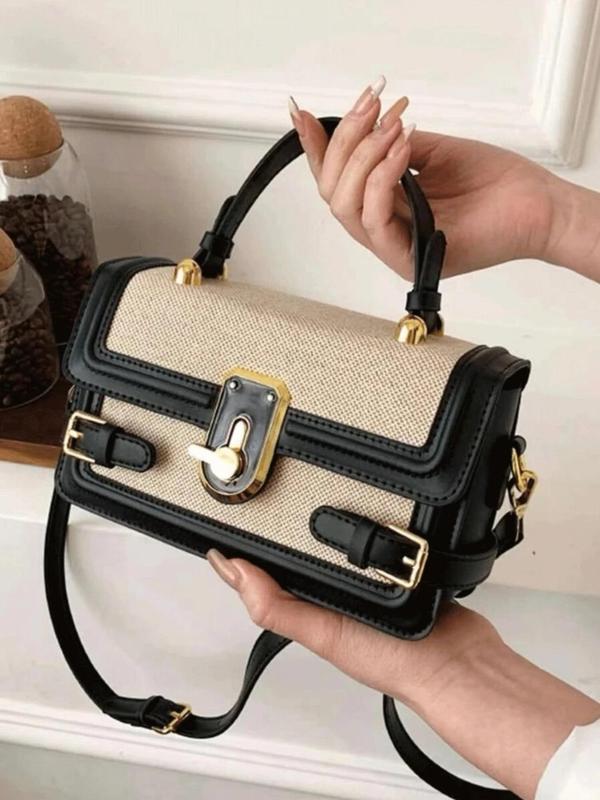 Women's Elegant Color-block Handbag, PU Spliced Shoulder Bag, Classic Work Commuter Lock Crossbody Bag, Fashionable Handbag, Suitable for Dating, Shopping, Shopping, Going Out