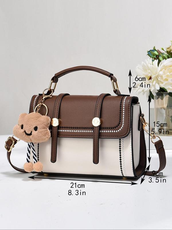 Fashionable Colorblock Handbag with Cute Bear Charm Decor, Luxury Handbags for Women, Trendy Versatile Pu Leather Zipper Crossbody Bag, Casual Matching Bag for Women