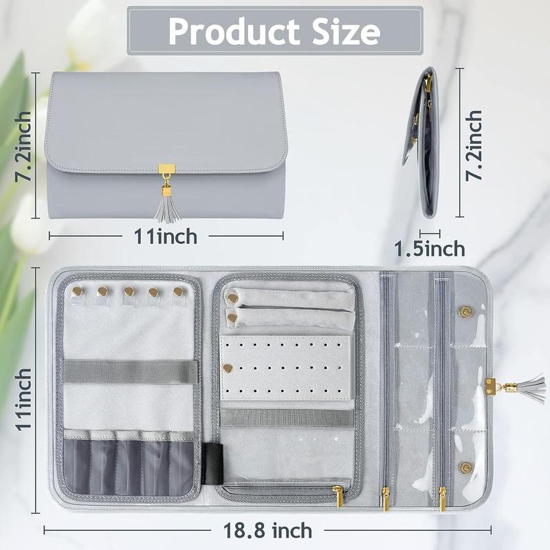 Jewelry Travel Organizer for Women, Tangle Free Portable Leather Jewelry Storage Roll Bag Envelope Clutch, Waterproof Lightweight Jewelry Case Holder for Necklaces, Rings, Earrings, Bracelets